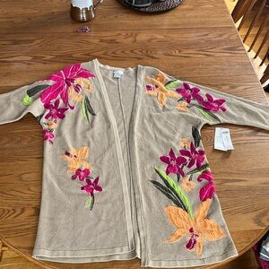 Chicos New with Tags floral mesh jacquard cardigan in “sand”